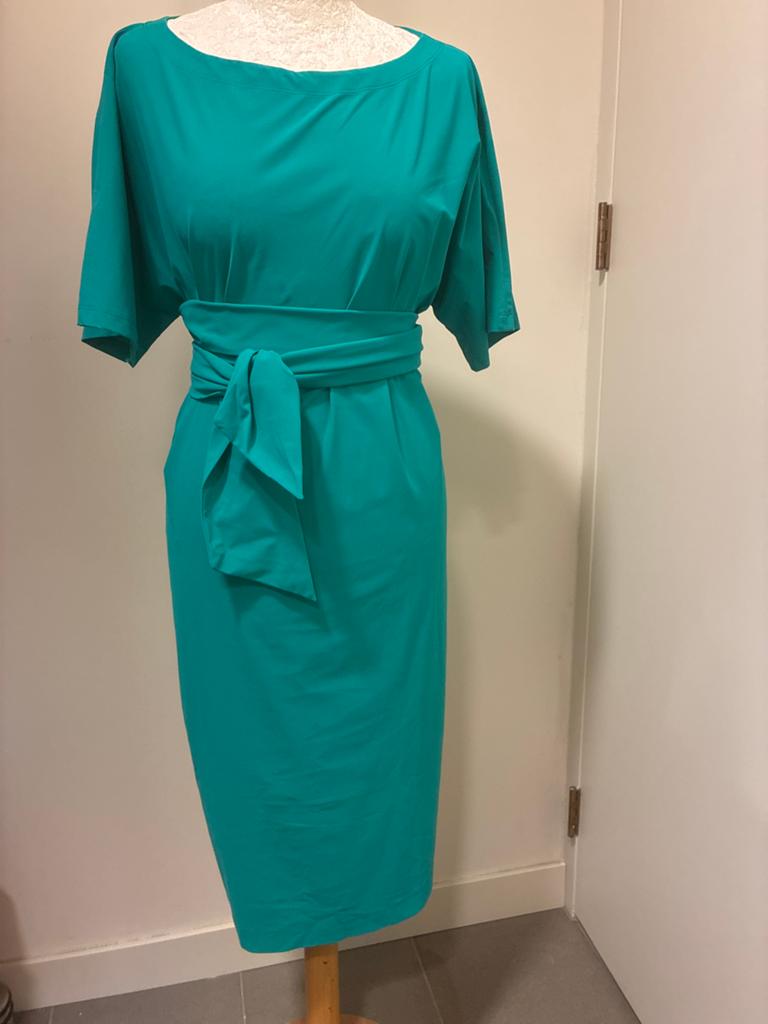 LaDress Aretha jurk aqua travelstof m zgan, Maat 38/40 (M), Ophalen of Verzenden, Zo goed als nieuw, Knielengte