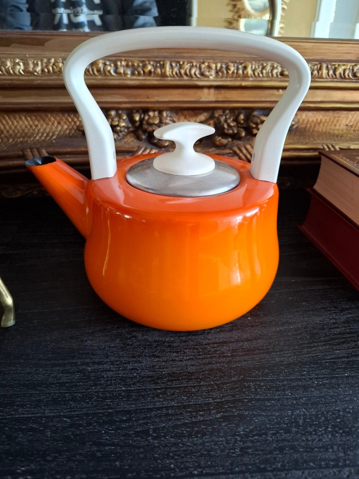Vintage oranje fluitketel, Huis en Inrichting, Theepot/fluitketel, Ophalen of Verzenden, Zo goed als nieuw
