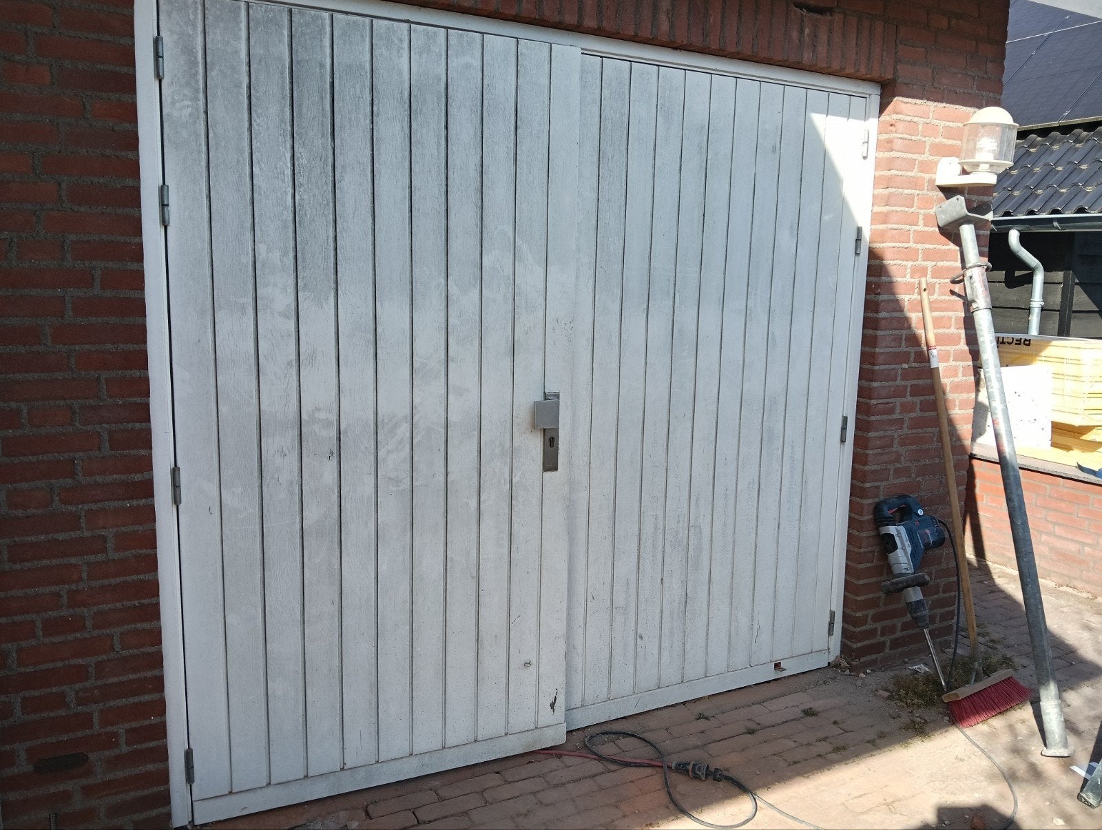 dubbele houten garagedeuren, Ophalen, Gebruikt, 120 cm of meer, Garagedeur