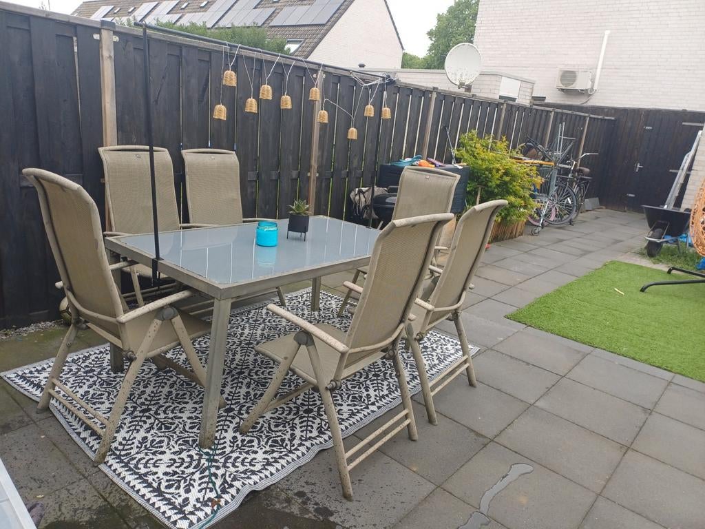 Complete tuinset met 6 stoelen en tafel, Ophalen, Gebruikt, 6 zitplaatsen, Aluminium