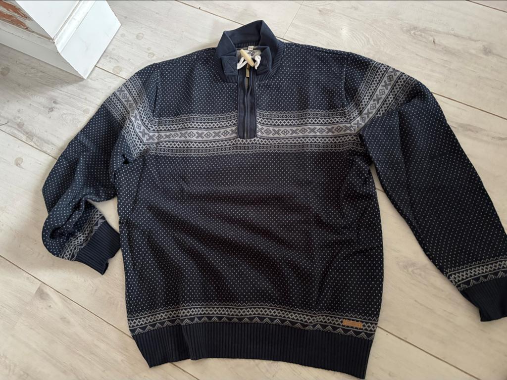 Gebreide Noorse trui met rits - Maat XL, Ophalen of Verzenden, Gedragen, Maat 56/58 (XL), Blauw