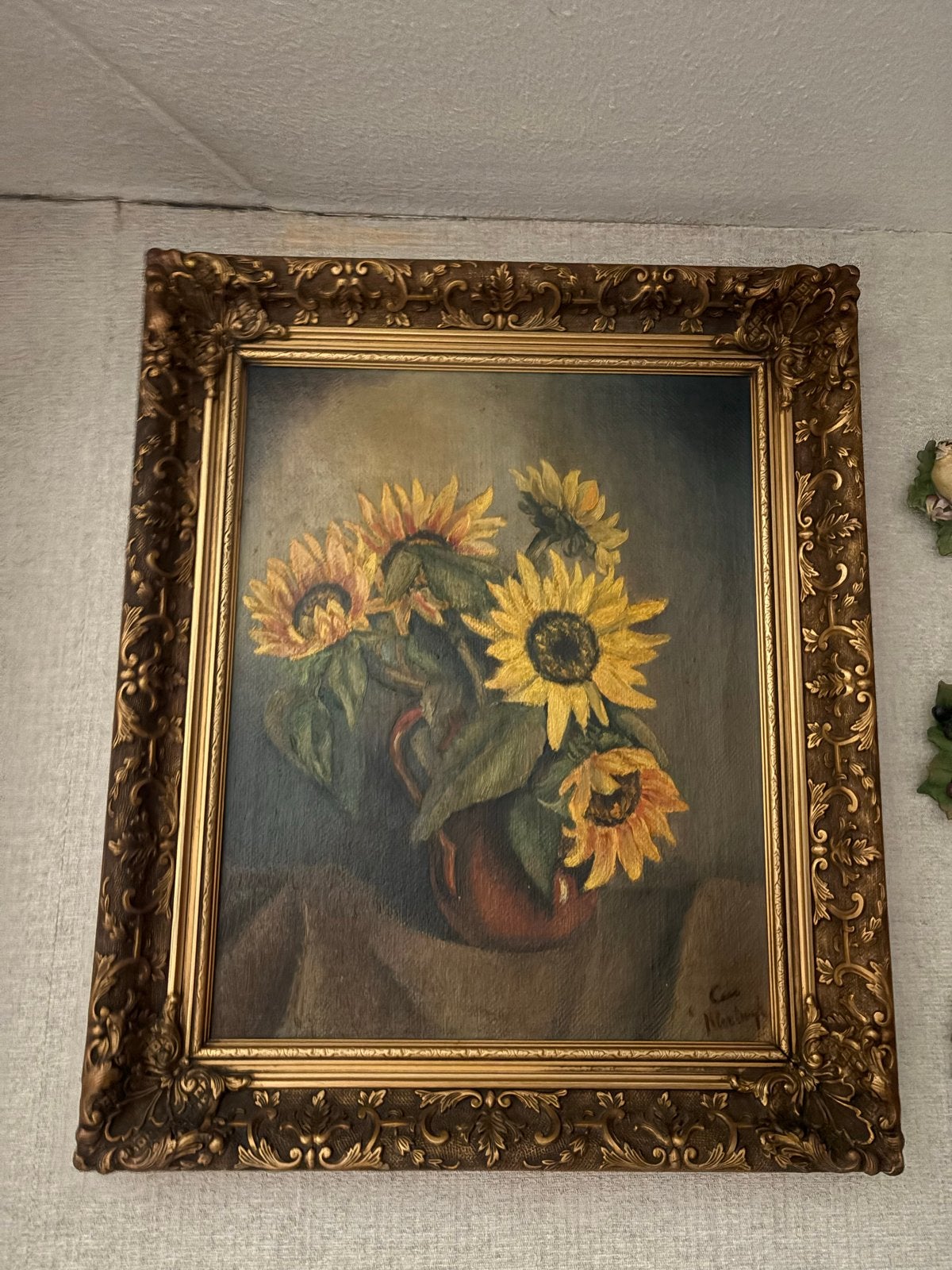 Olieverfschilderij Zonnebloemen in Vaas inclusief lijst, Antiek en Kunst, Ophalen, Doek, Stilleven, Gesigneerd