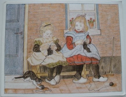 Grote kaart van twee breiende kinderen, Verzamelen, Ophalen of Verzenden, 1980 tot heden, Ongelopen, Kinderen