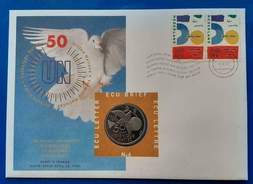 ECU brief 6 - 50 years Verenigde Naties" - 1995, Postzegels en Munten, Penningen en Medailles, Overige materialen, Nederland, Verzenden
