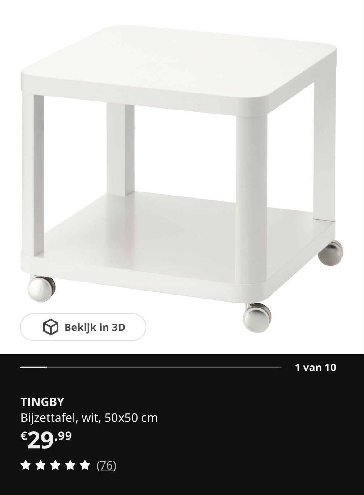 IKEA TINGBY Bijzettafel wit op wielen 50x50 cm, Ophalen, Minder dan 45 cm, Minder dan 55 cm, Gebruikt