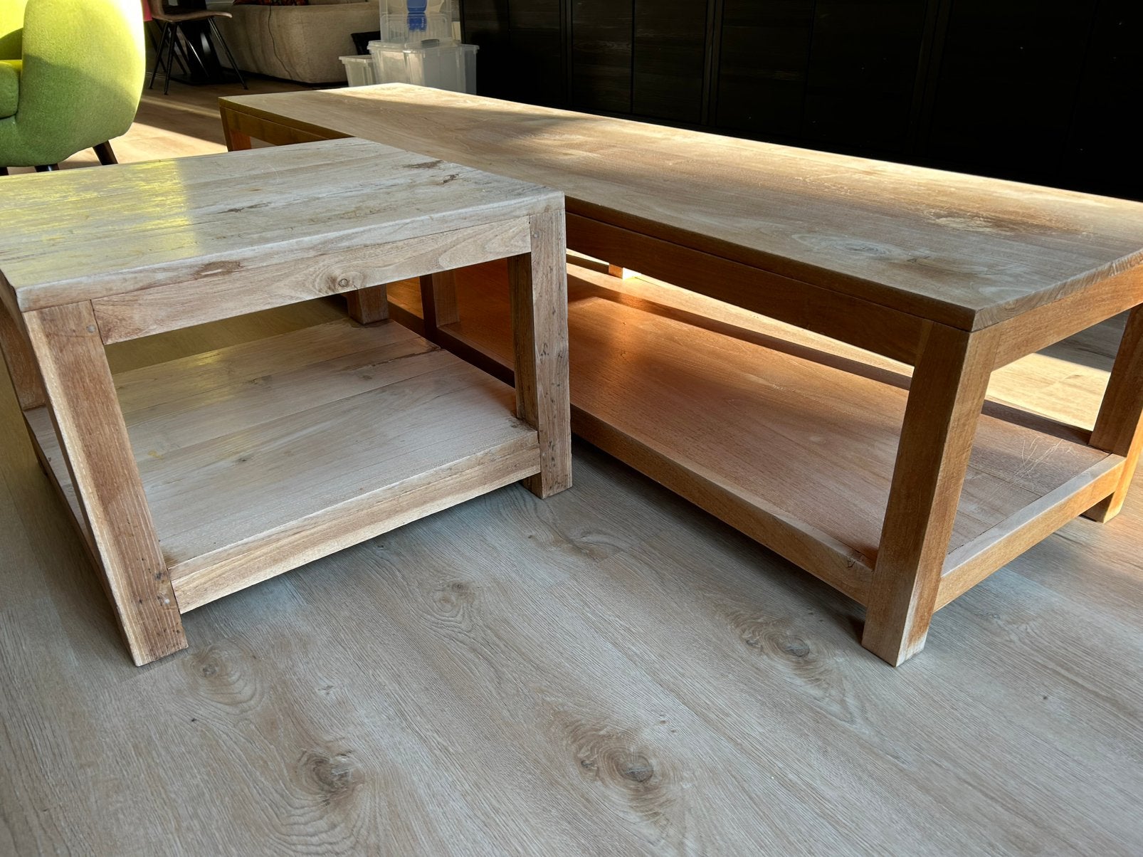 Massief Eikenhout tv meubel en salontafel, Ophalen, Gebruikt, Eikenhout, Minder dan 100 cm