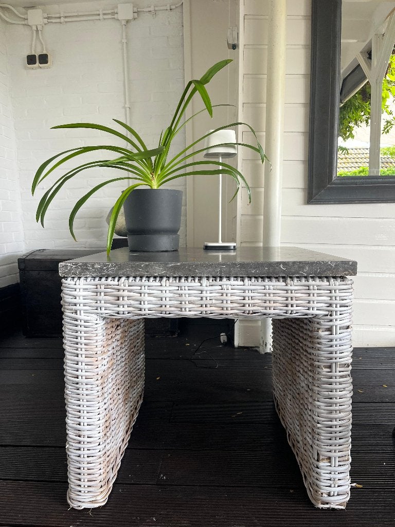 Vintage Rivièra Maison bijzettafels met Belgisch hardsteen, Overige materialen, Minder dan 55 cm, Gebruikt, Vierkant