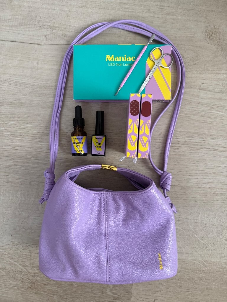 Maniac Nails gellak manicure starterset lila clutch (nieuw), Verzenden, Nieuw, Handen en Nagels, Toebehoren