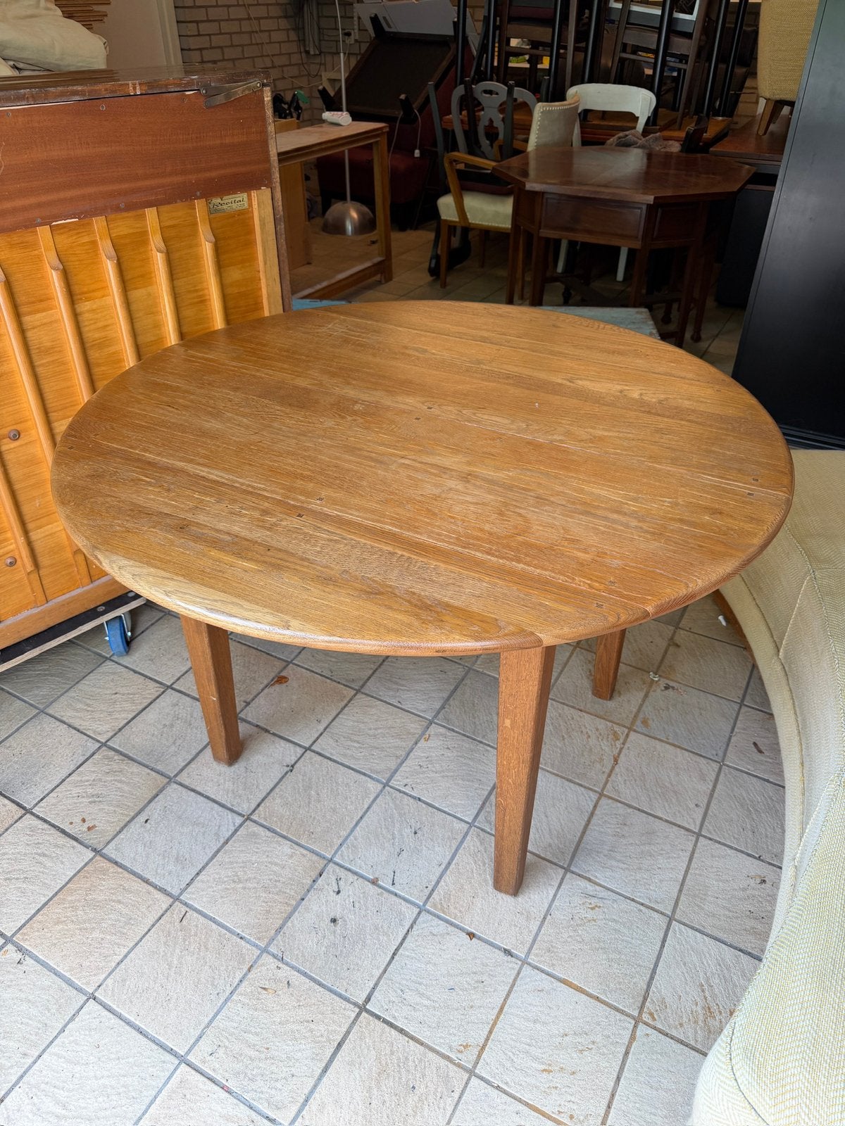Eiken ronde uitschuifbare eettafel Ø120 cm, Ophalen, 100 tot 150 cm, Zo goed als nieuw, Eikenhout