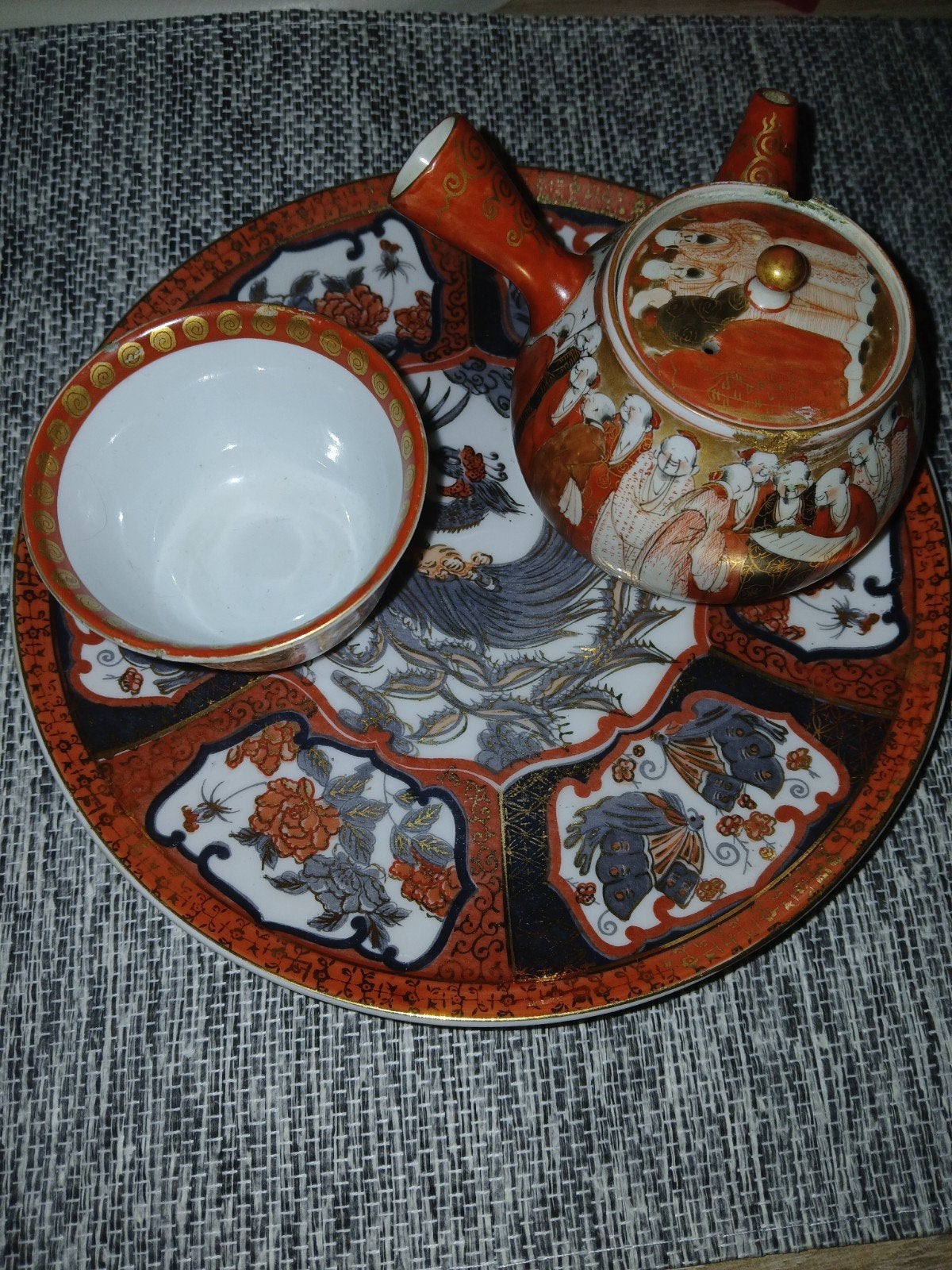 Antieke Japanse Satsuma theeset met draak en figuren, Ophalen of Verzenden