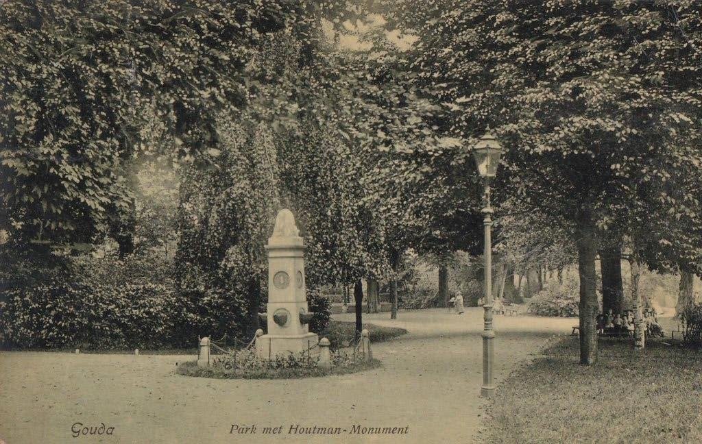 gouda  1909  park houtman monument tekst zegel, Ophalen of Verzenden, Voor 1920, Zuid-Holland