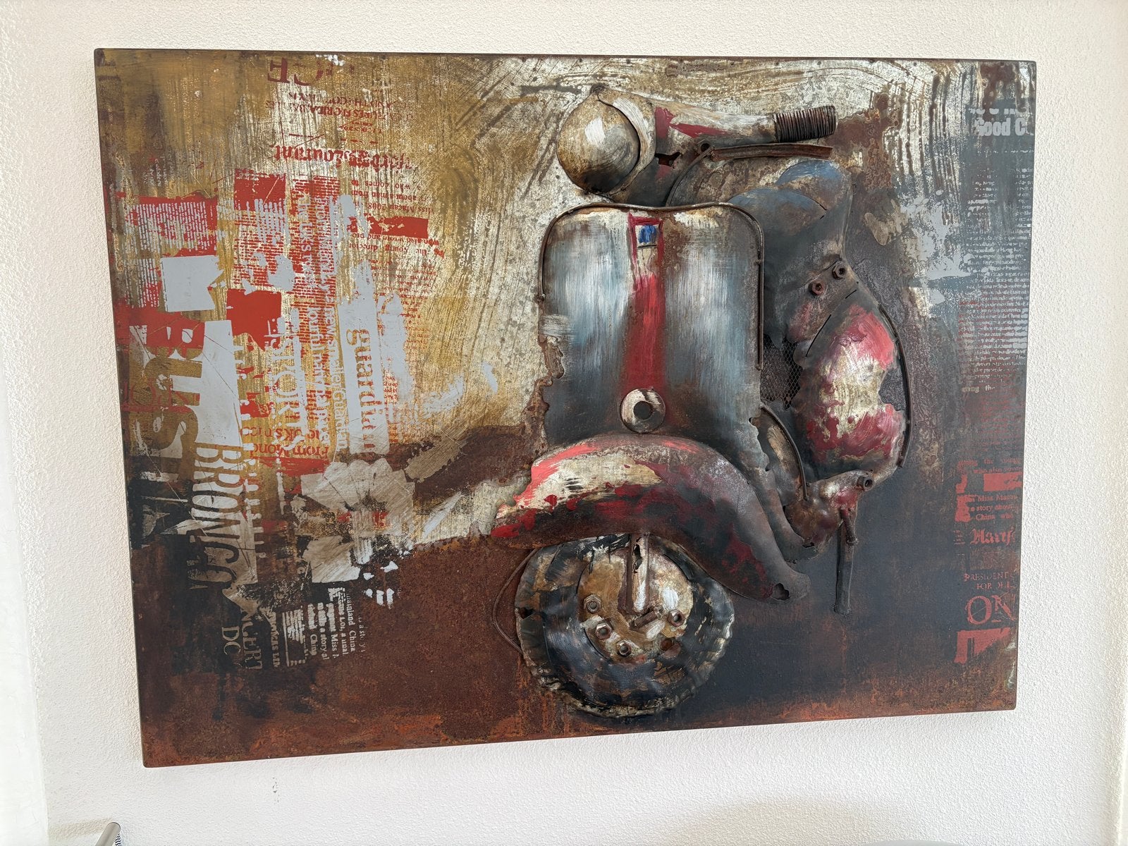 Metalen wanddecoratie Vespa scooter, vintage look, Ophalen, Meerkleurig, Metaal, Handgemaakt