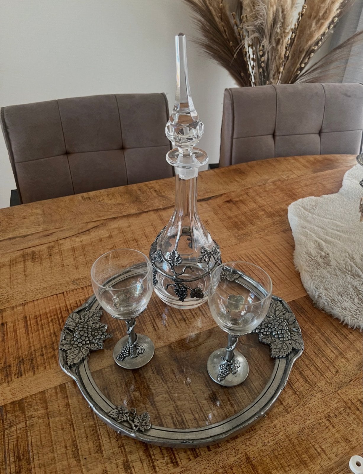 Vintage Karaf met Glazen en Dienblad - Druivenmotief, Antiek en Kunst, Antiek | Glas en Kristal, Ophalen of Verzenden
