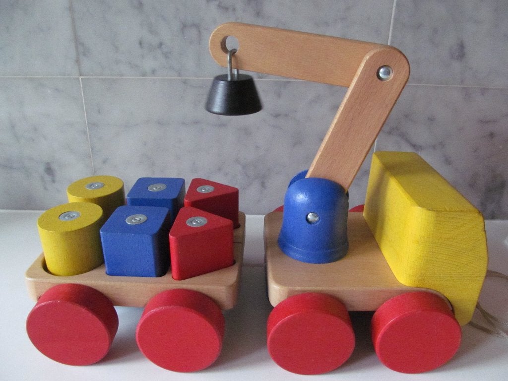 Ikea Mula houten hijskraan + aanhanger met blokken, Ophalen of Verzenden, Gebruikt, Duw- of Trekspeelgoed