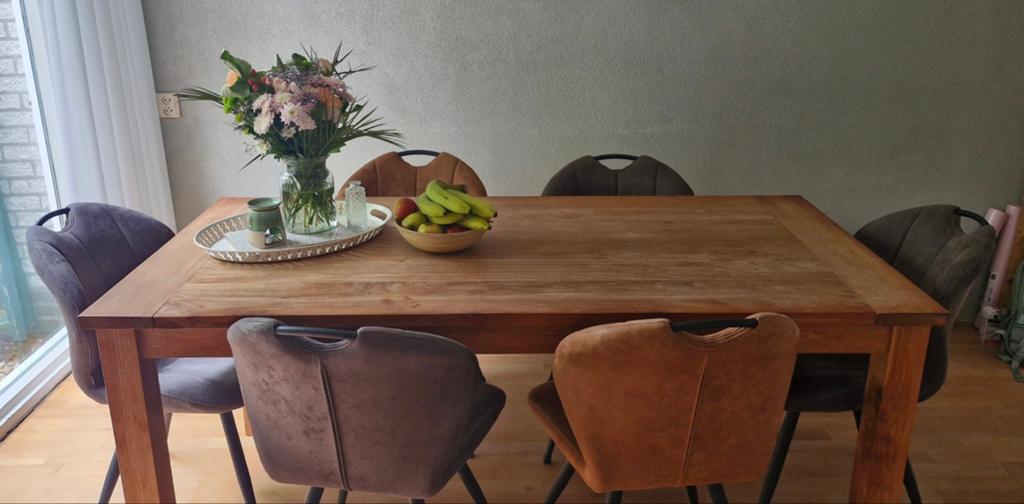 Teak eettafel (180x90) met 6 Mogadishu stoelen, Huis en Inrichting, Tafels | Eettafels, Ophalen, Gebruikt, Teakhout, 50 tot 100 cm