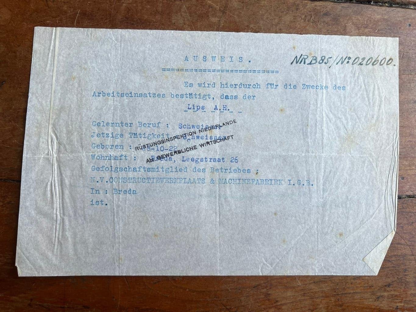 Nederlands Dwangarbeid Breda Ausweis Breda 1943 1944, Verzenden, Nederland, Boek of Tijdschrift