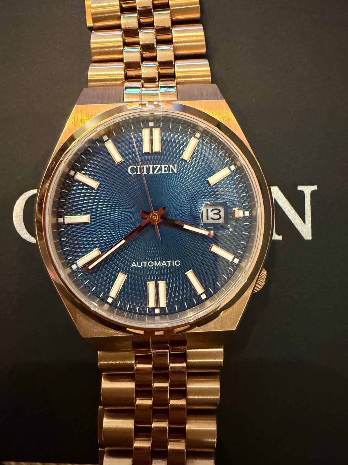 Citizen Automatic Horloge Roségoud met Blauwe Wijzerplaat, Ophalen of Verzenden, Zo goed als nieuw, Overige materialen, Staal