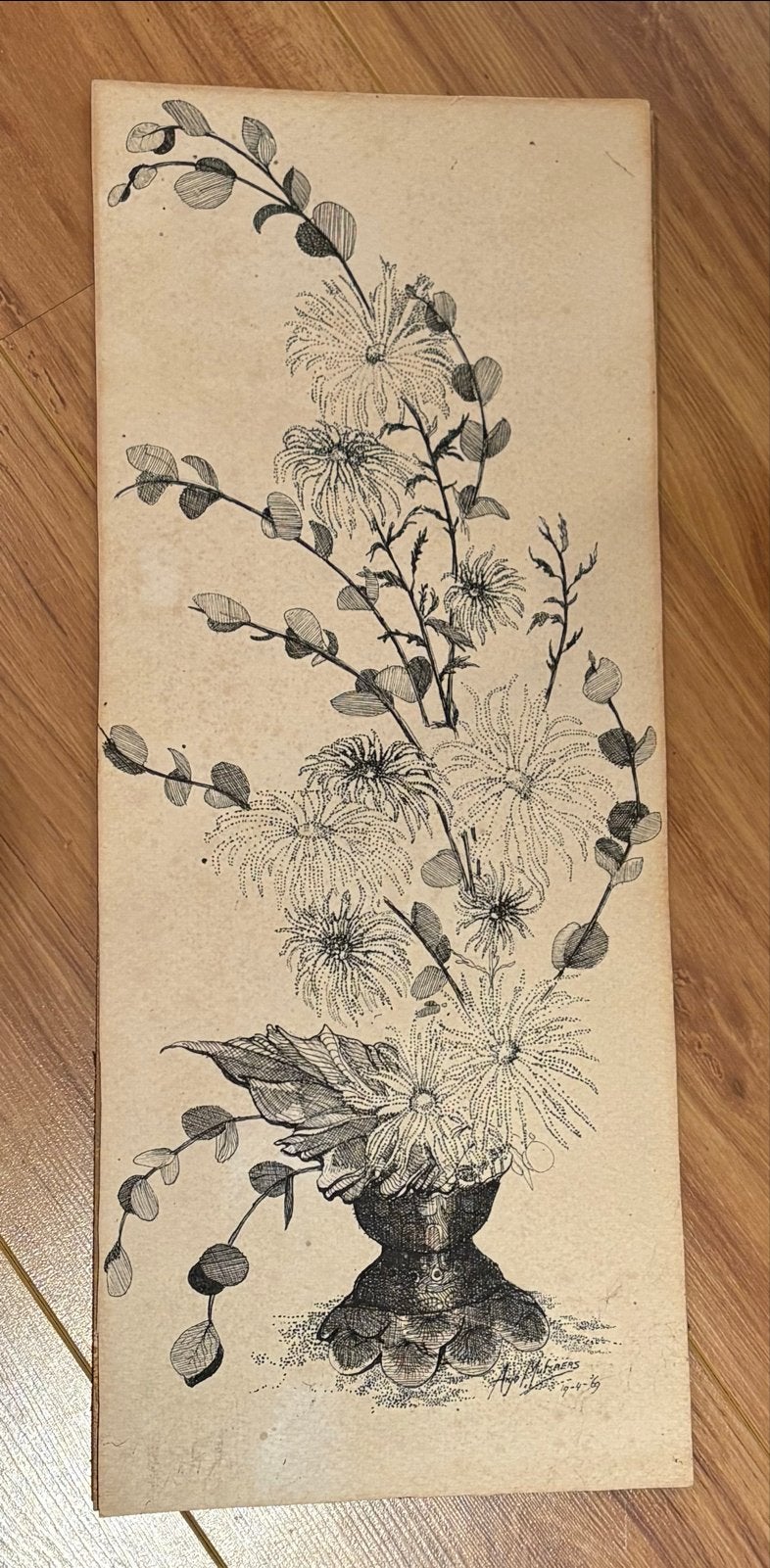 Vintage pentekening bloemen Anjo Mutsaers 1969, Ophalen of Verzenden, Tekening, Pentekening, Gesigneerd