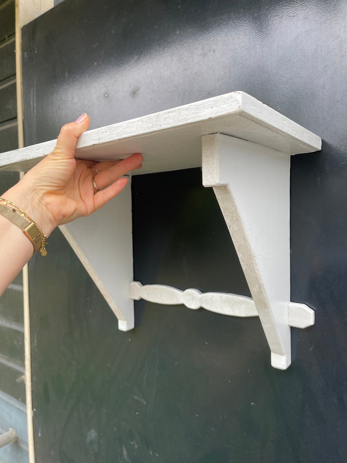 Houten console plankje wit met groene zweem, Ophalen, Gebruikt