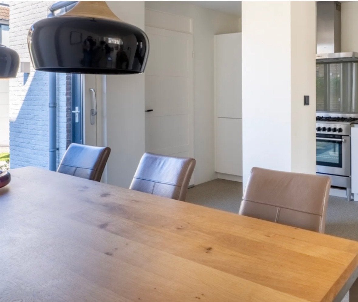Massief eiken eettafel met metalen onderstel (90x220) Loods5, Ophalen, Eikenhout, 200 cm of meer, 50 tot 100 cm