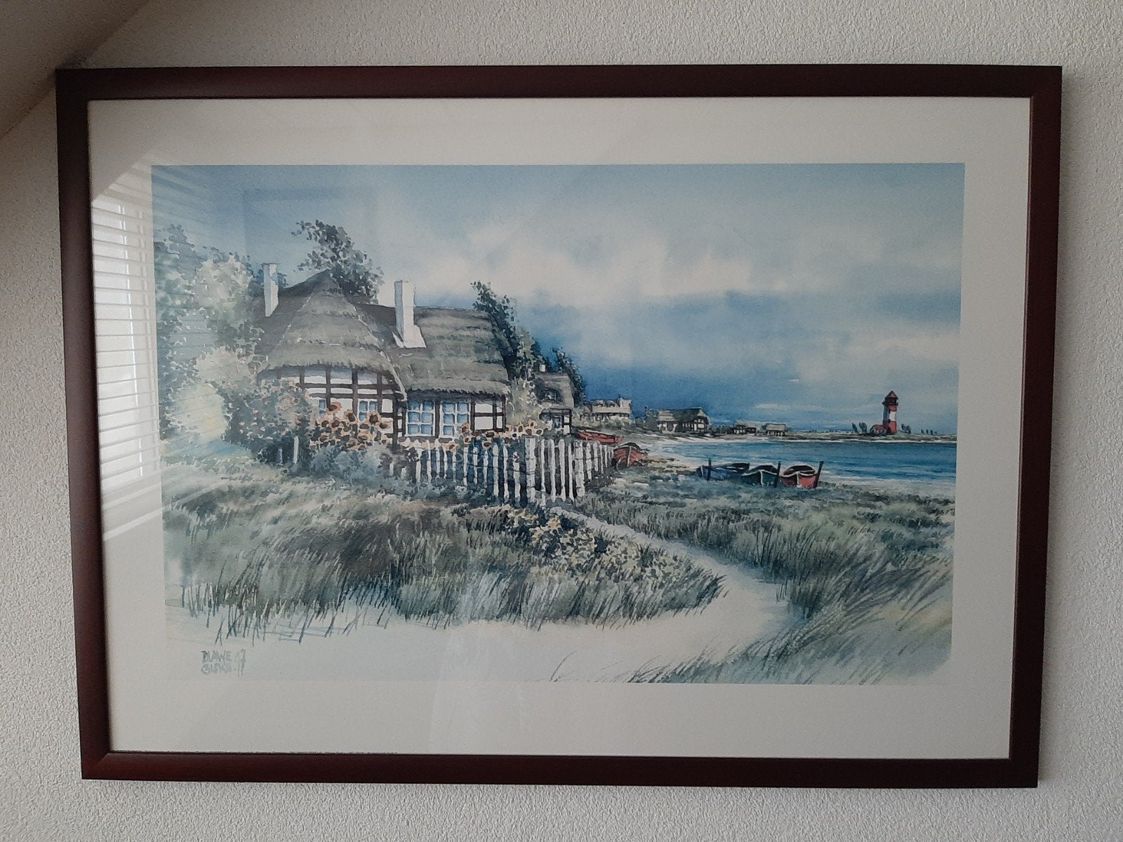 Schilderij Engelse cottage aan zee met vuurtoren, Ophalen