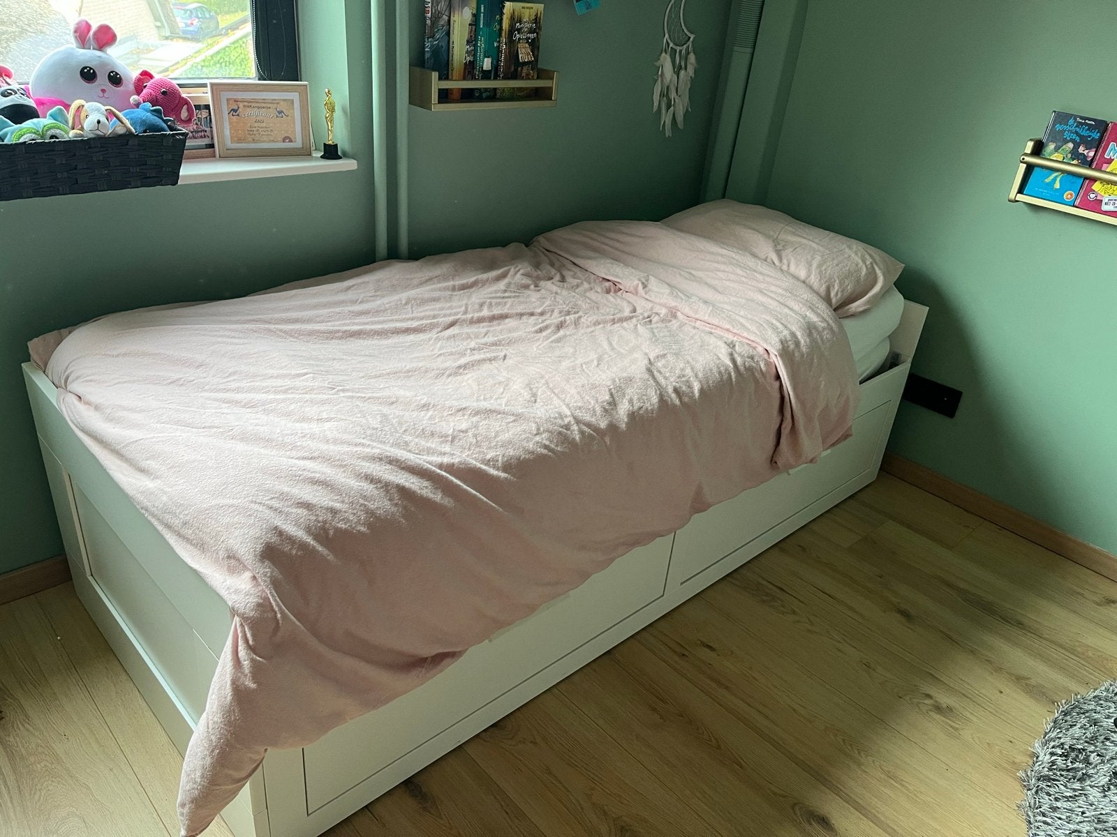 Ikea Brimnes bedbank 80x200cm uitschuifbaar met matrassen, Ophalen, Gebruikt, Eenpersoons, Wit