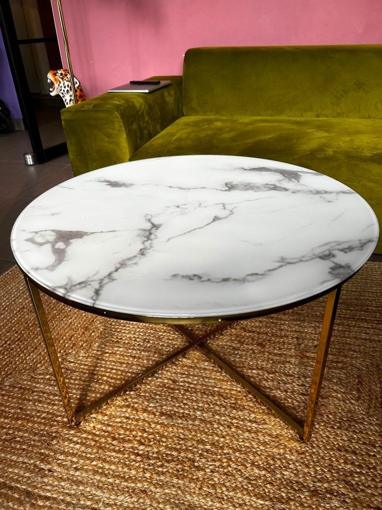 Marmer glas koffie tafel, Ophalen, Gebruikt, 100 tot 150 cm, Rond