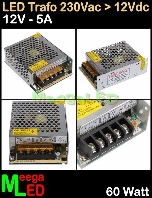 LED Trafo Voeding Adapter Driver - 230V > 12V - 5A = 60W - O, Metaal, Overige merken, Nieuw, Overige fittingen