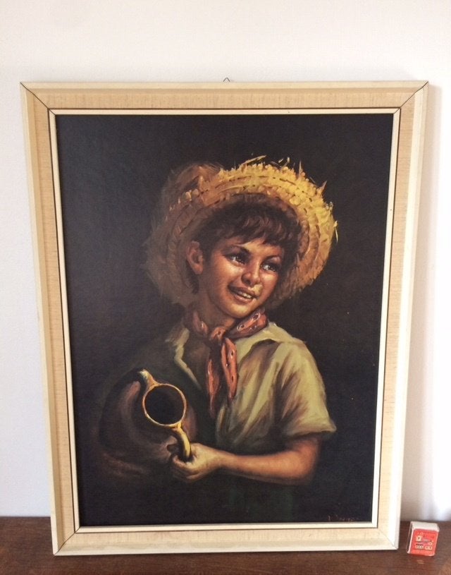 Blij Italiaans Spaans jongetje met strooien hoedje en kruik, 50 – 75, Ophalen of Verzenden, Zo goed als nieuw, Schilderij