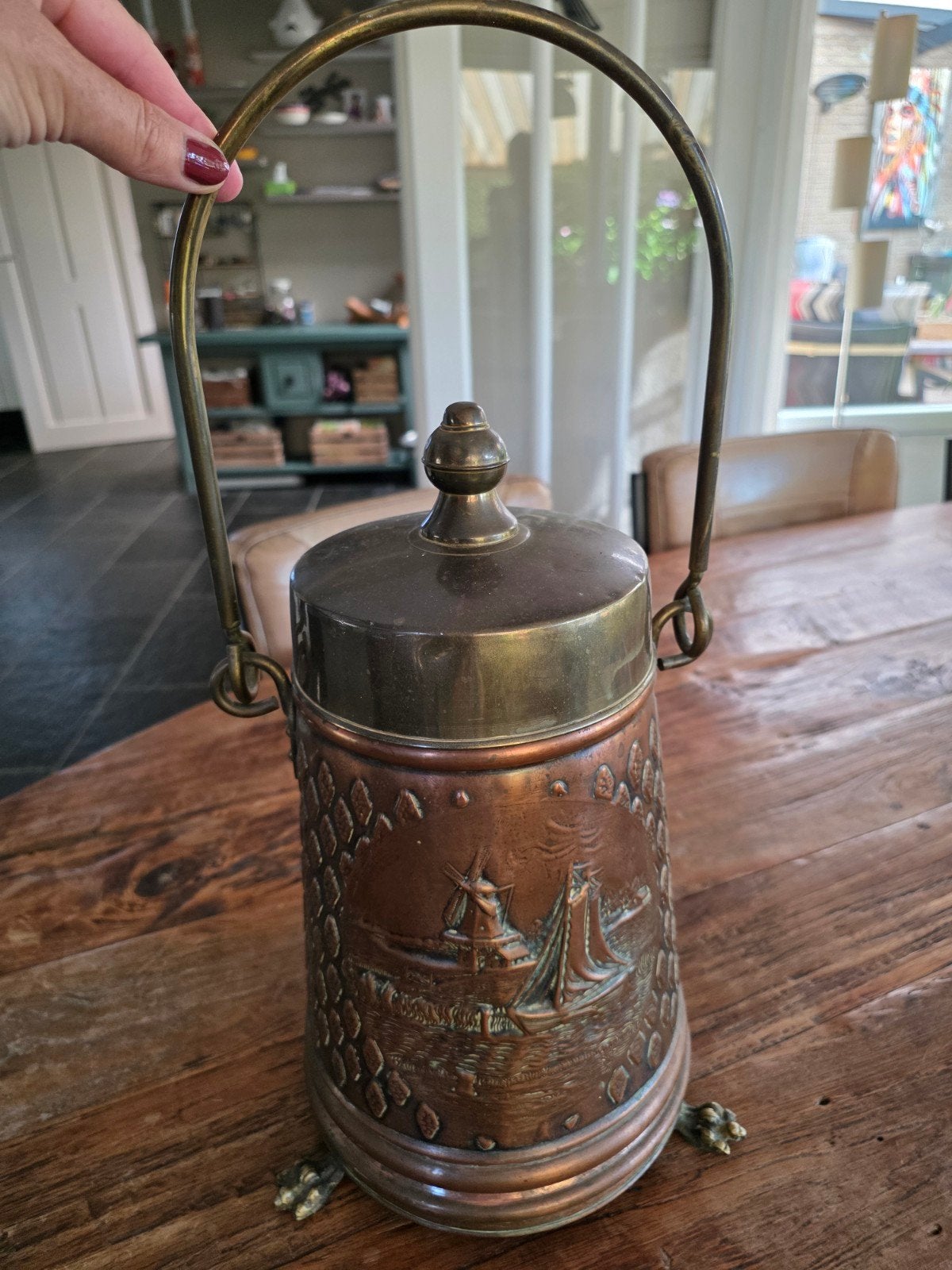 Antieke Koperen Kan met Hengsel en Deksel, 37 cm, Antiek en Kunst, Ophalen of Verzenden, Koper