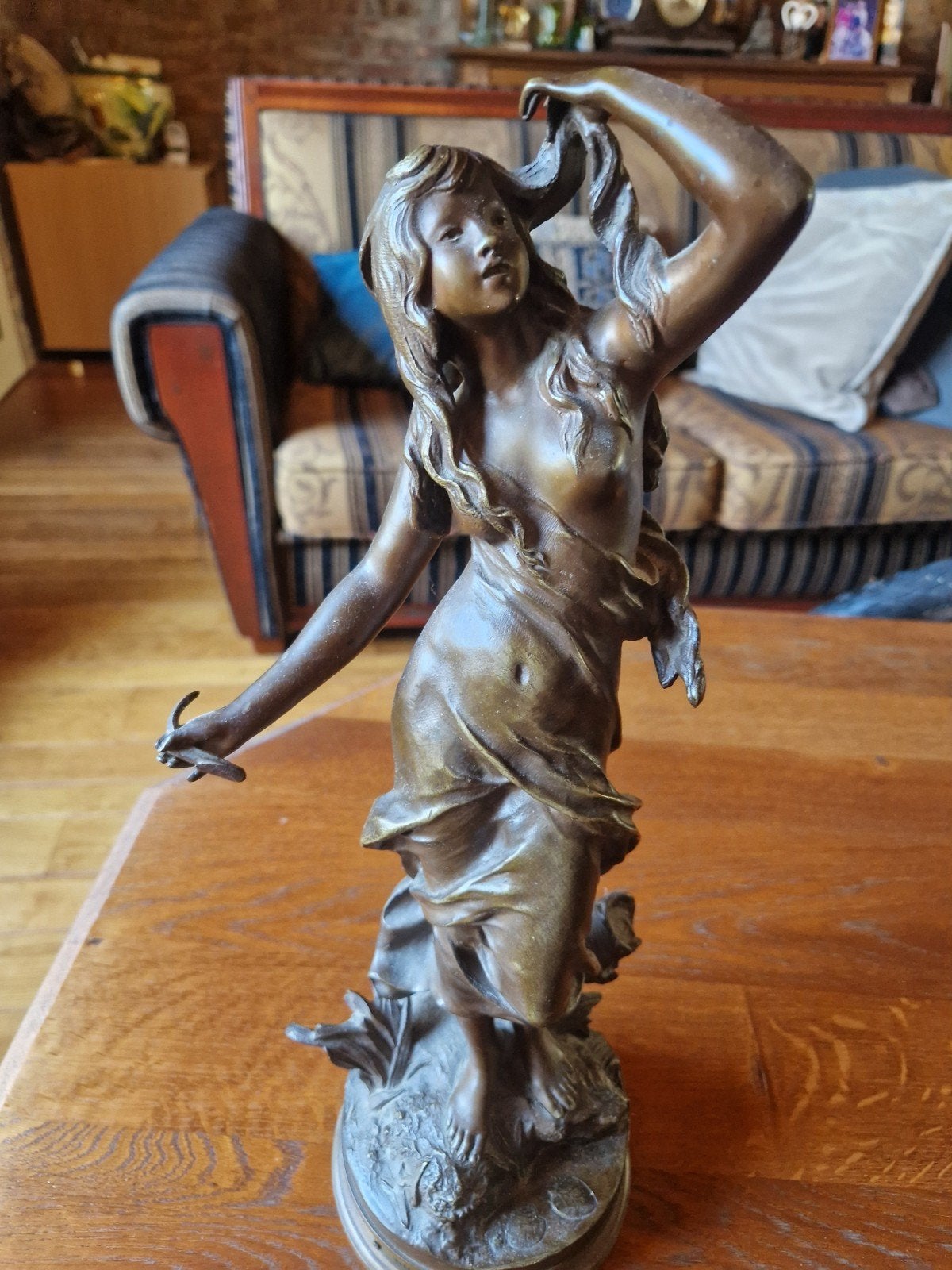 Antiek Bronzen Beeld 'Brise du Soir' door Aug. Moreau, Ophalen, Gemerkt, Art nouveau, Brons