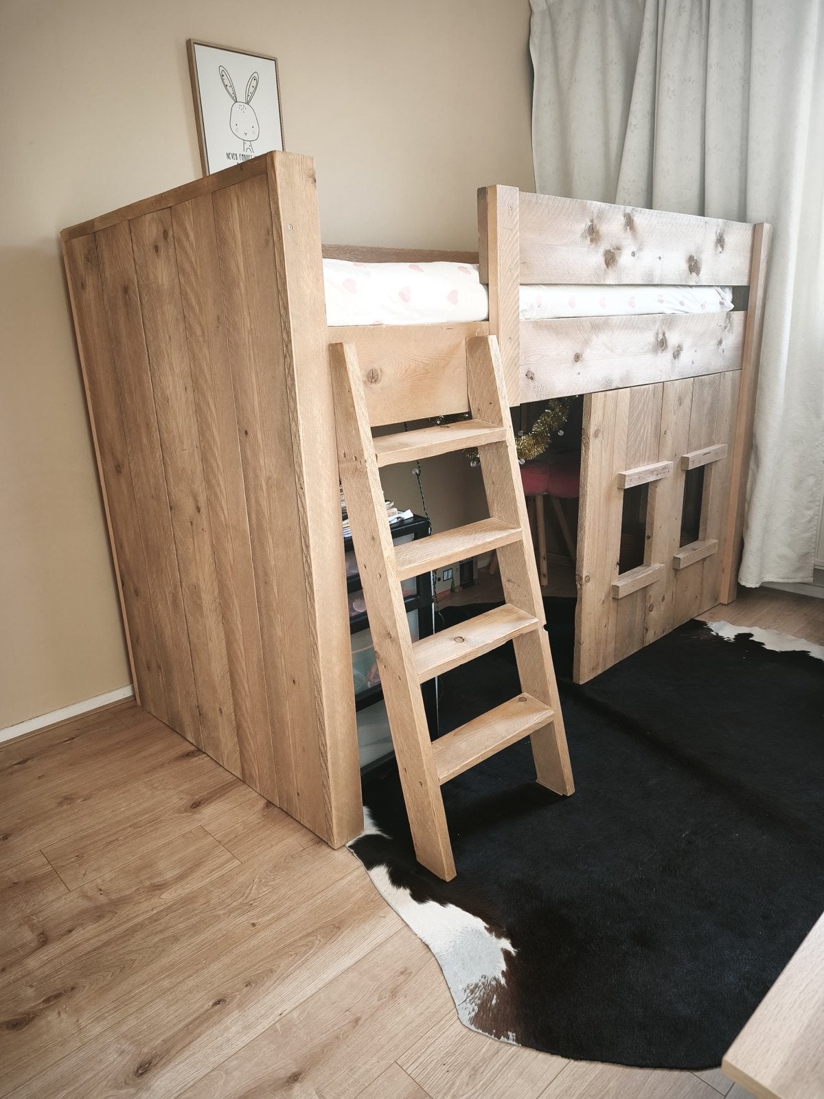 Hoogslaper steigerhout met speelhuisje, Huis en Inrichting, Slaapkamer | Stapelbedden en Hoogslapers, Ophalen, Hoogslaper, Eenpersoons
