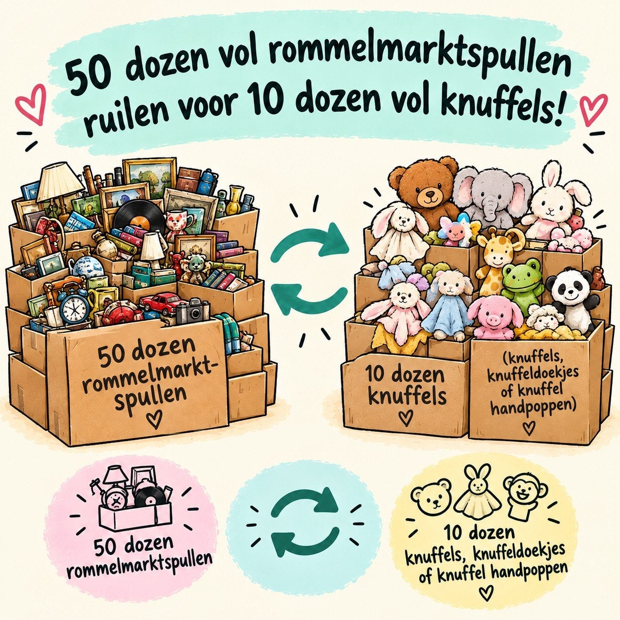 Dozen vol rommelmarktspullen, ruilen voor dozen knuffels, Ophalen