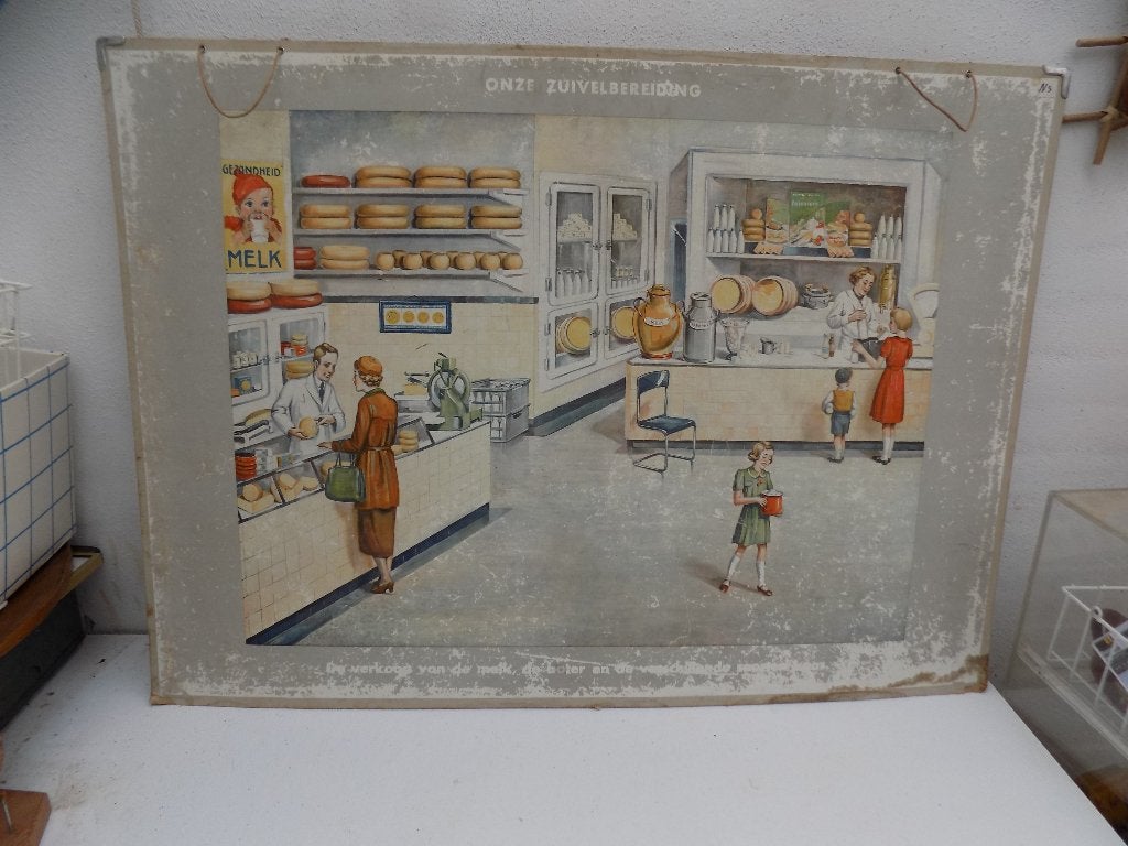 schoolplaat melkwinkel zuivelbereiding jaren 50, Antiek en Kunst, Antiek | Schoolplaten, Ophalen, Natuur en Biologie