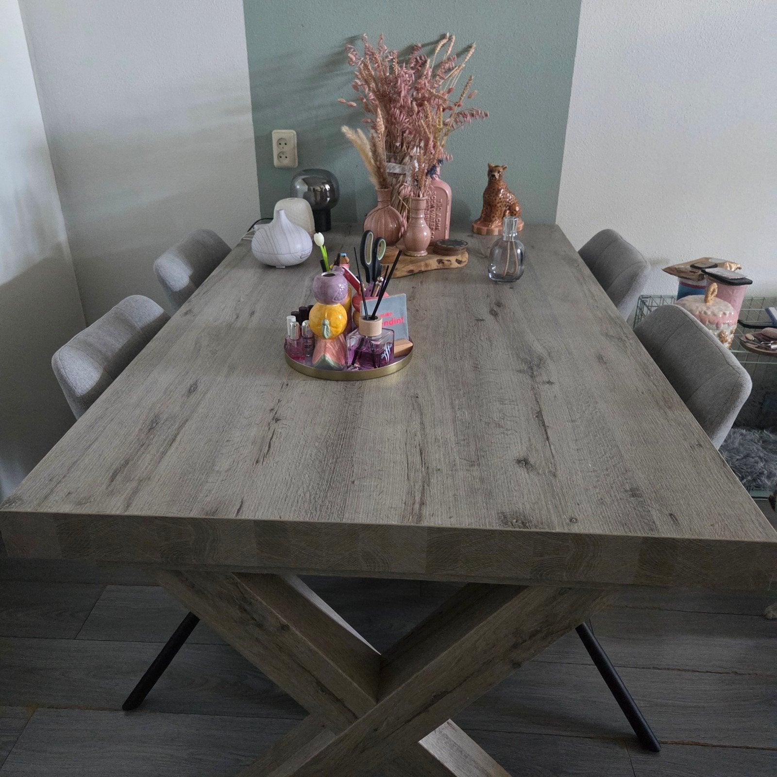 Grijze eiken eettafel Leenbakker (77x164x102 cm), Huis en Inrichting, Ophalen, Zo goed als nieuw, Vier personen, Vierkant