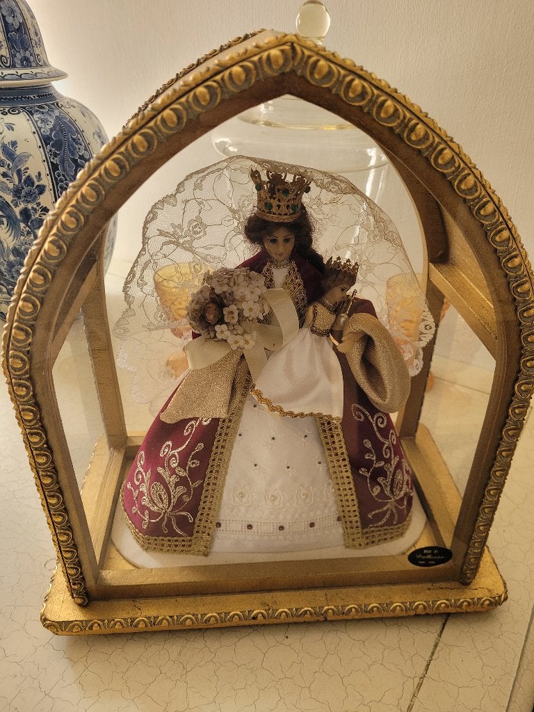 Vintage houten kapelletje met wassen Maria, Antiek en Kunst, Ophalen of Verzenden
