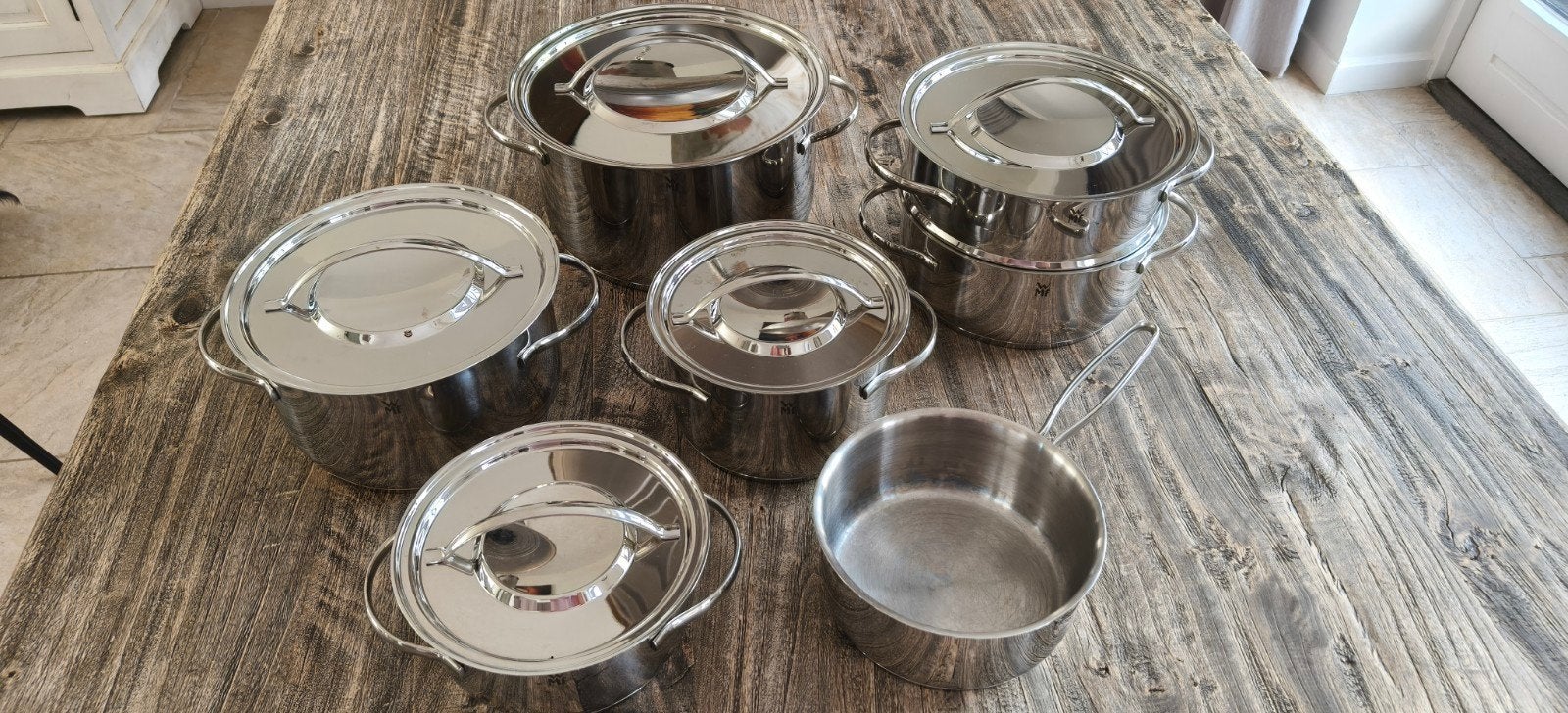 WMF Pannenset 5-delig RVS, Huis en Inrichting, Keuken | Potten en Pannen, Gebruikt, Met deksel, Pannenset, Ophalen of Verzenden