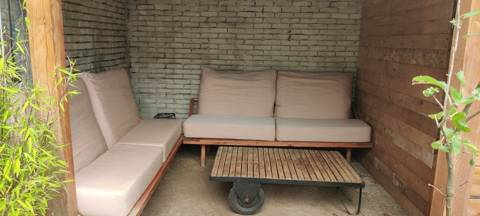 Custom made loungeset poederroze kussens, Ophalen, 4 zitplaatsen, Gebruikt, Loungeset