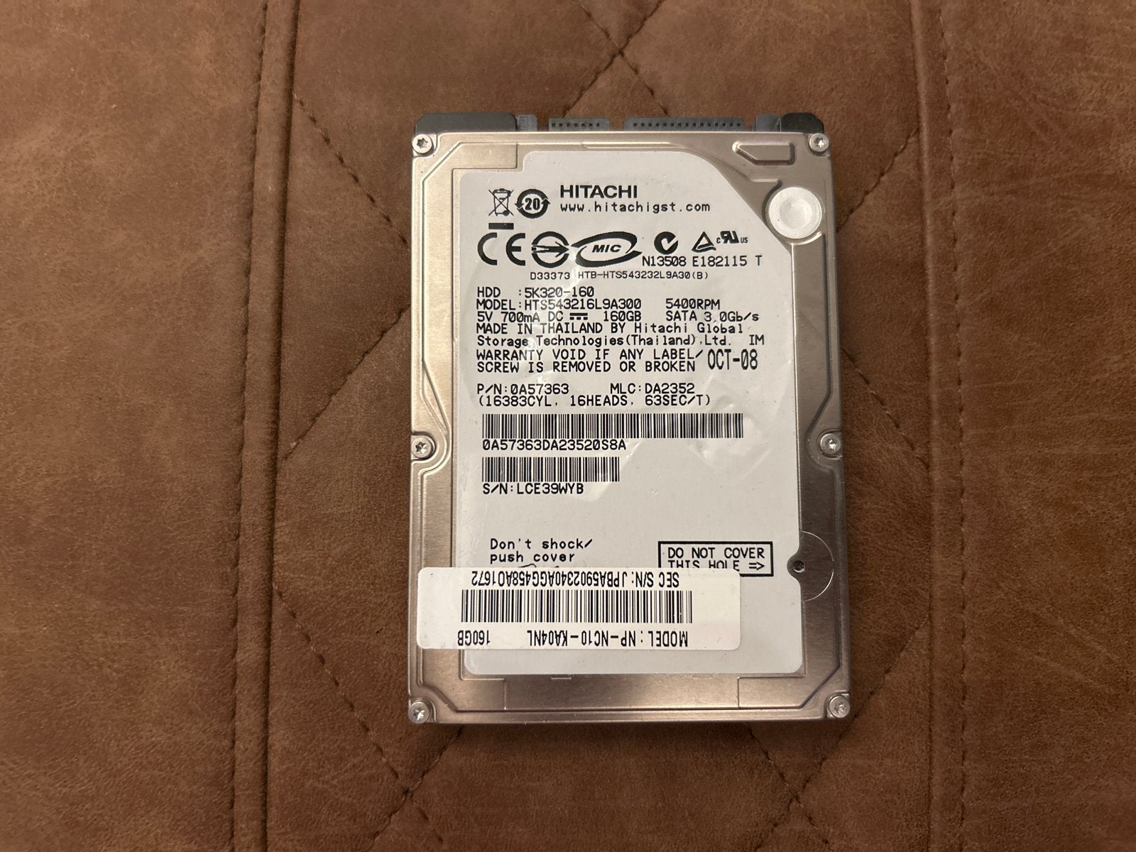 Hitachi 160GB HDD 5400RPM SATA 3.0Gb/s, Intern, Gebruikt, Ophalen of Verzenden, Laptop
