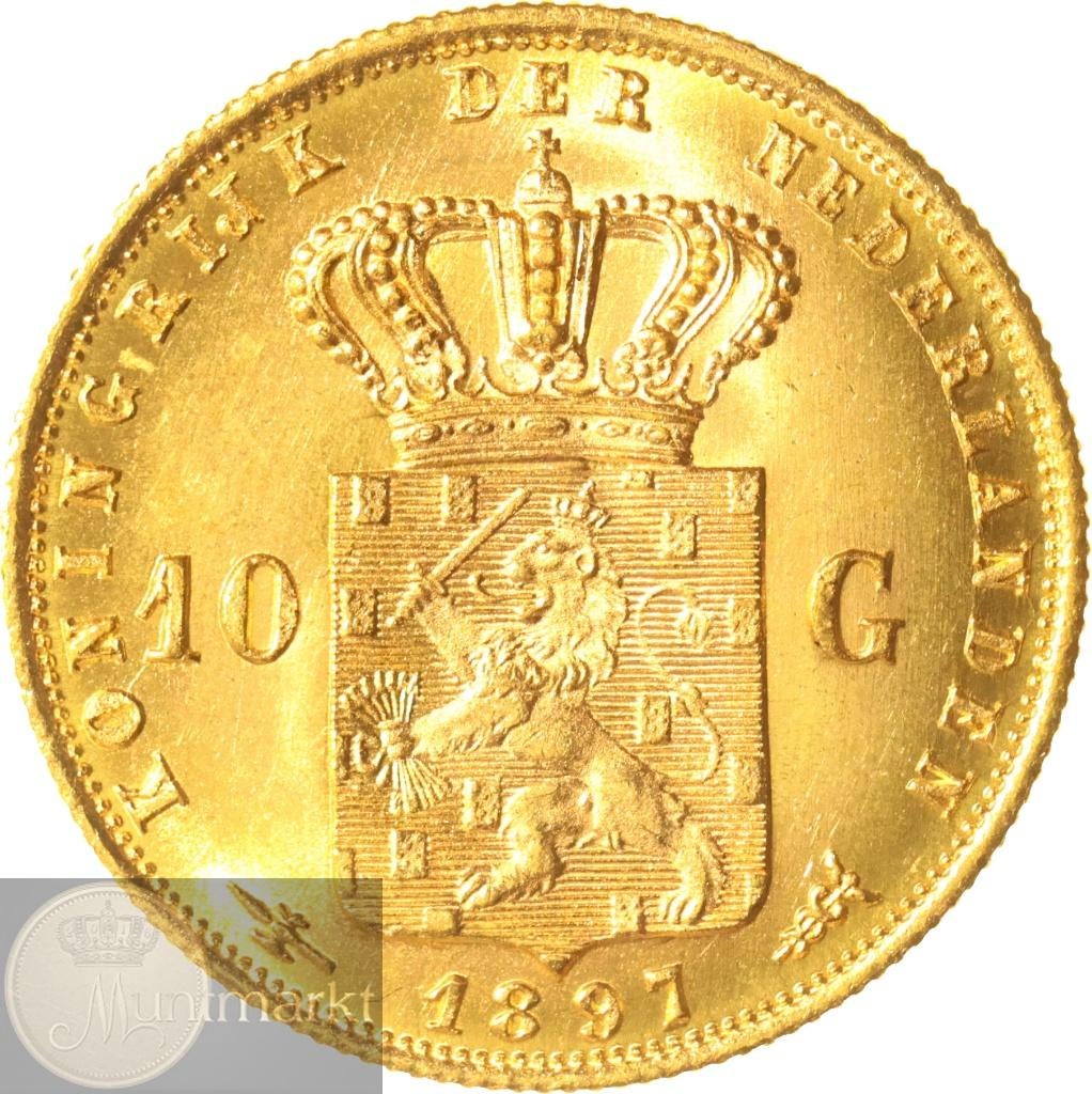 Nederland - Gouden 10 gulden 1897/189_ positiestreep, Postzegels en Munten, Munten | Nederland, Koningin Wilhelmina, Losse munt