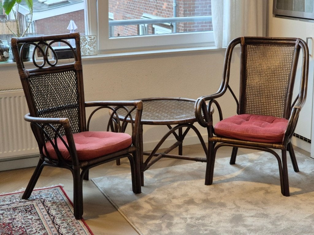 Vintage bamboo/rotan stoelen + tafel, Huis en Inrichting, Stoelen, Gebruikt, Twee, Hout, Riet of Rotan, Stof, Overige materialen