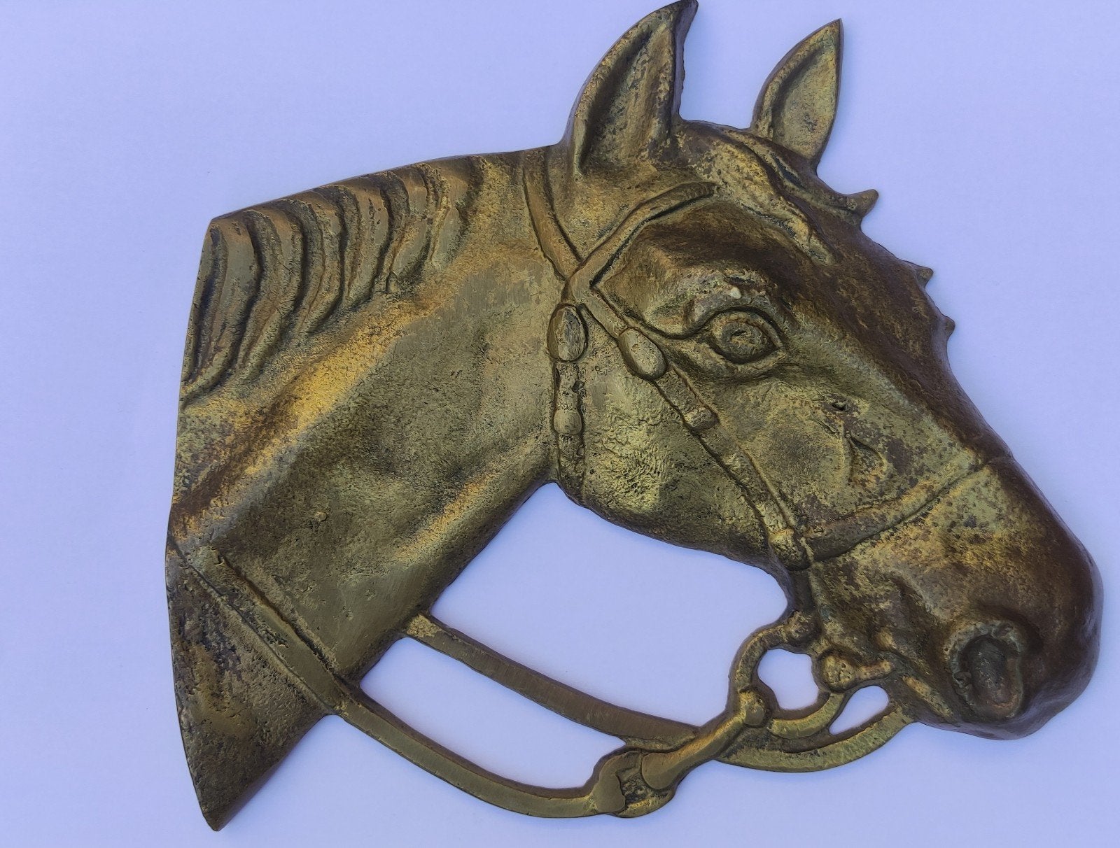 Zwaar Vintage Messing Paardenhoofd Wandreliëf (XL – 1,1 kg), Antiek en Kunst, Ophalen of Verzenden, Koper