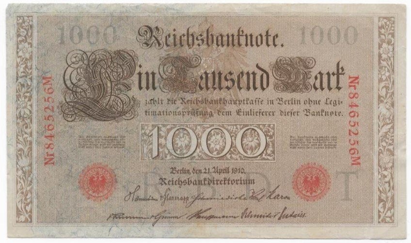 1000 Mark 1910 Reichsbanknote; two red seals 56M, Postzegels en Munten, Verzenden, Duitsland, Los biljet