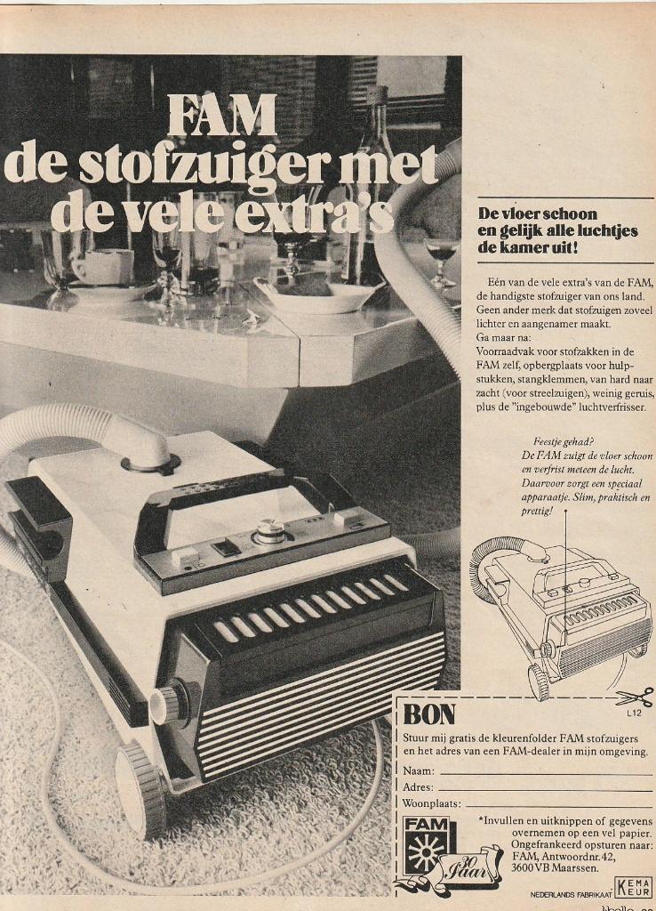Retro reclame 1979 Fam stofzuiger Maarssen vele extra's, Verzamelen, Retro, Verzenden, Overige typen