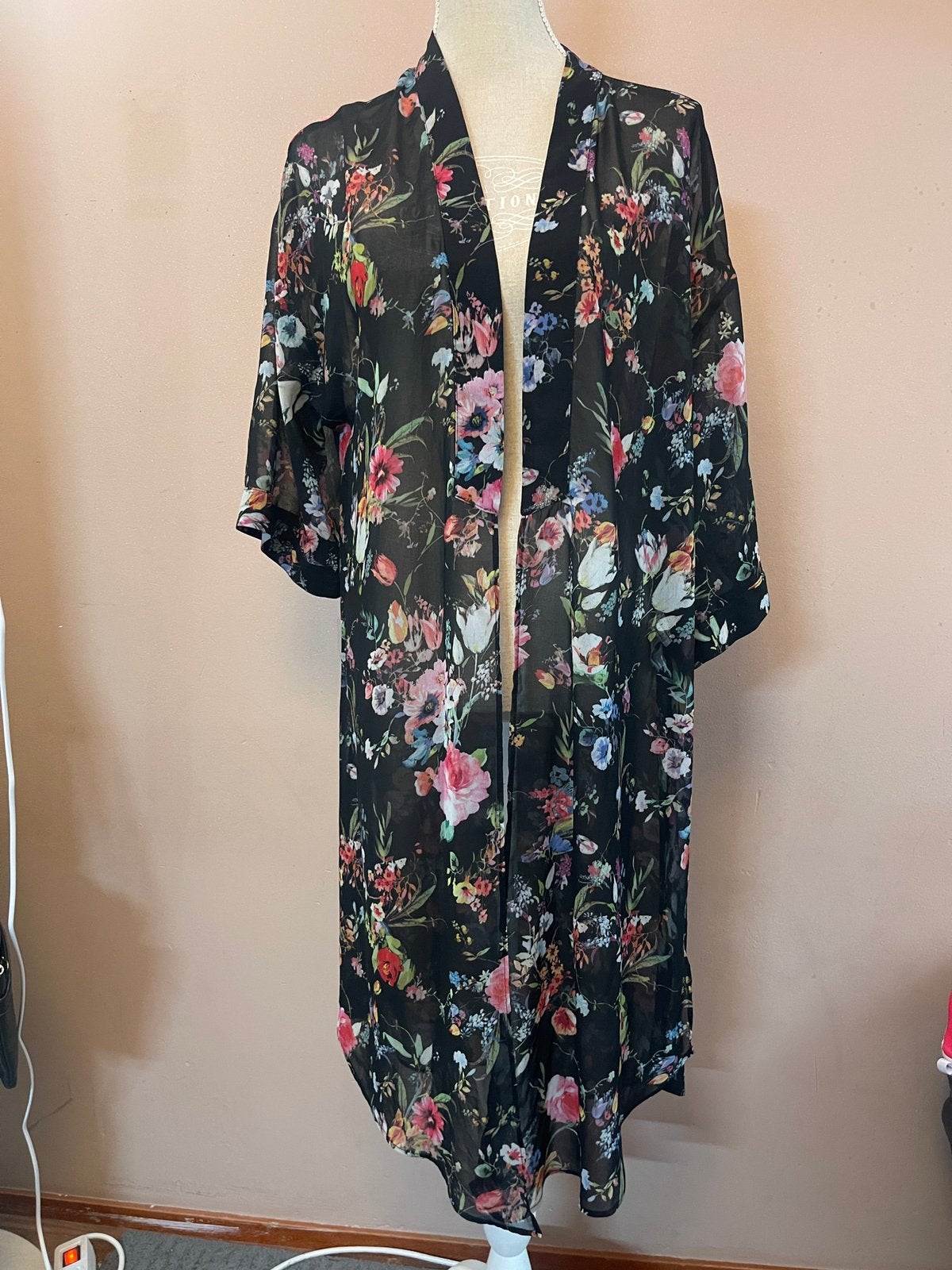 Zwarte Kimono met Bloemenprint, Ophalen, Zo goed als nieuw