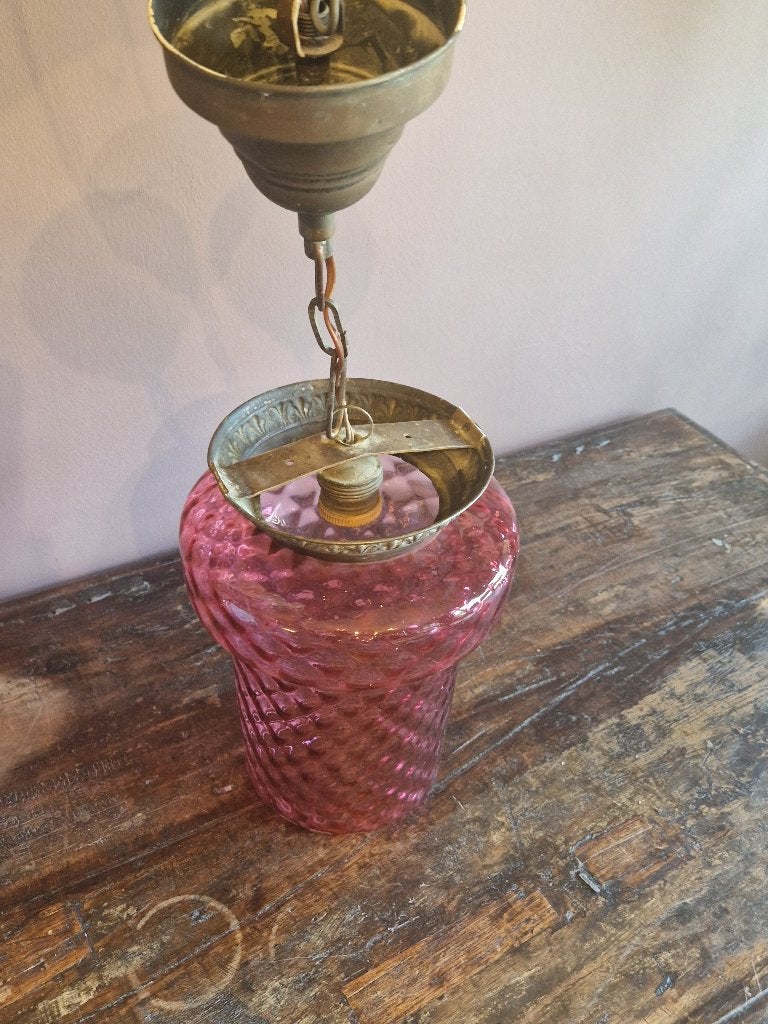 Antieke Victoriaanse Cranberryglas & Messing hanglamp, Antiek en Kunst, Ophalen of Verzenden