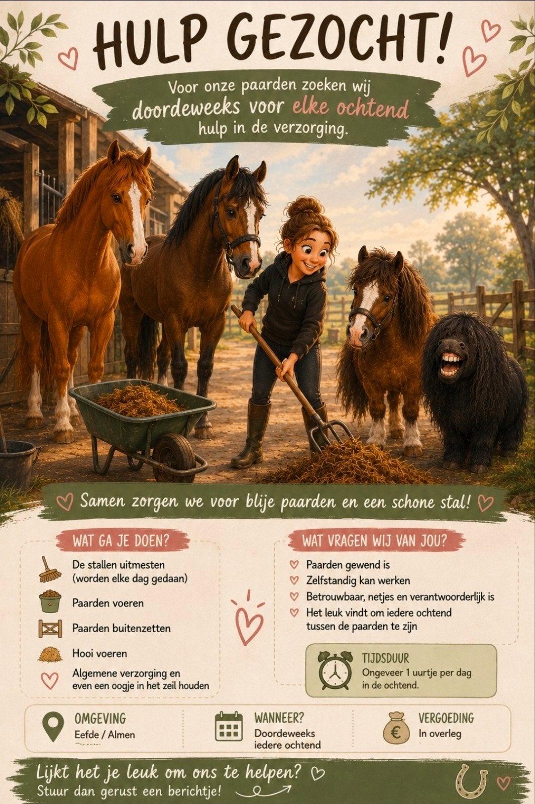 Hulp gezocht bij de ochtendverzorging van onze paarden, Ophalen of Verzenden