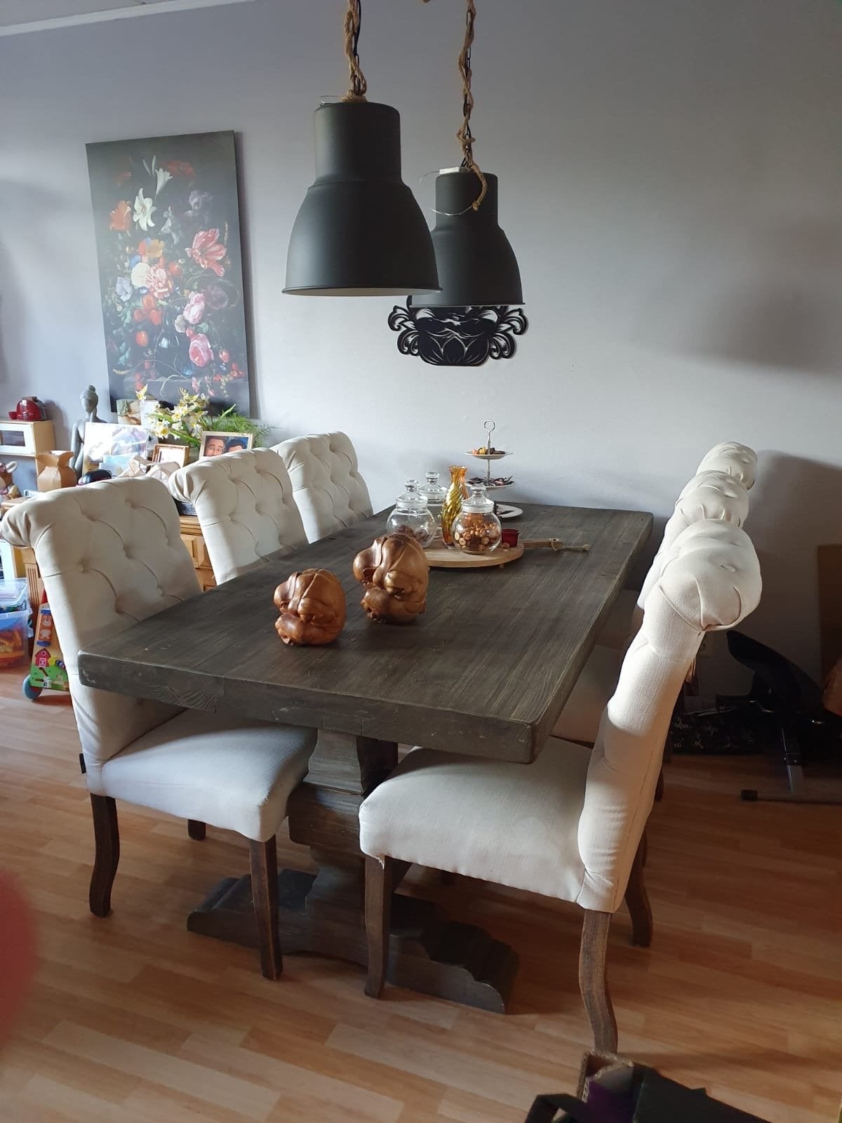 Robuuste landelijke eettafel met 6 stoelen, Ophalen, Gebruikt, Vijf personen of meer, Rechthoekig