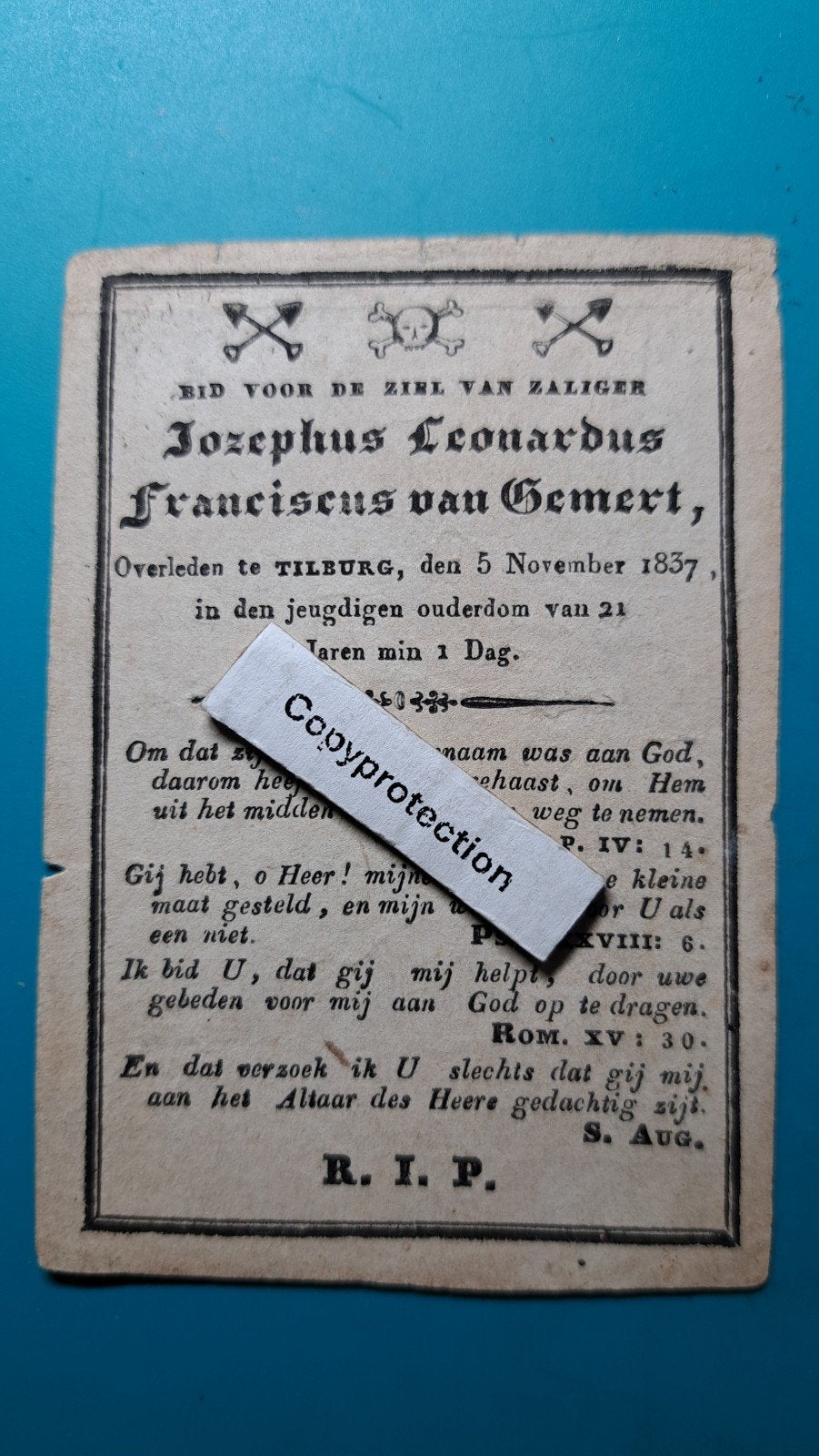 Jozephus Leonardus Franciscus van Gemert,Tilburg 1816,+1837, Verzenden, Bidprentje