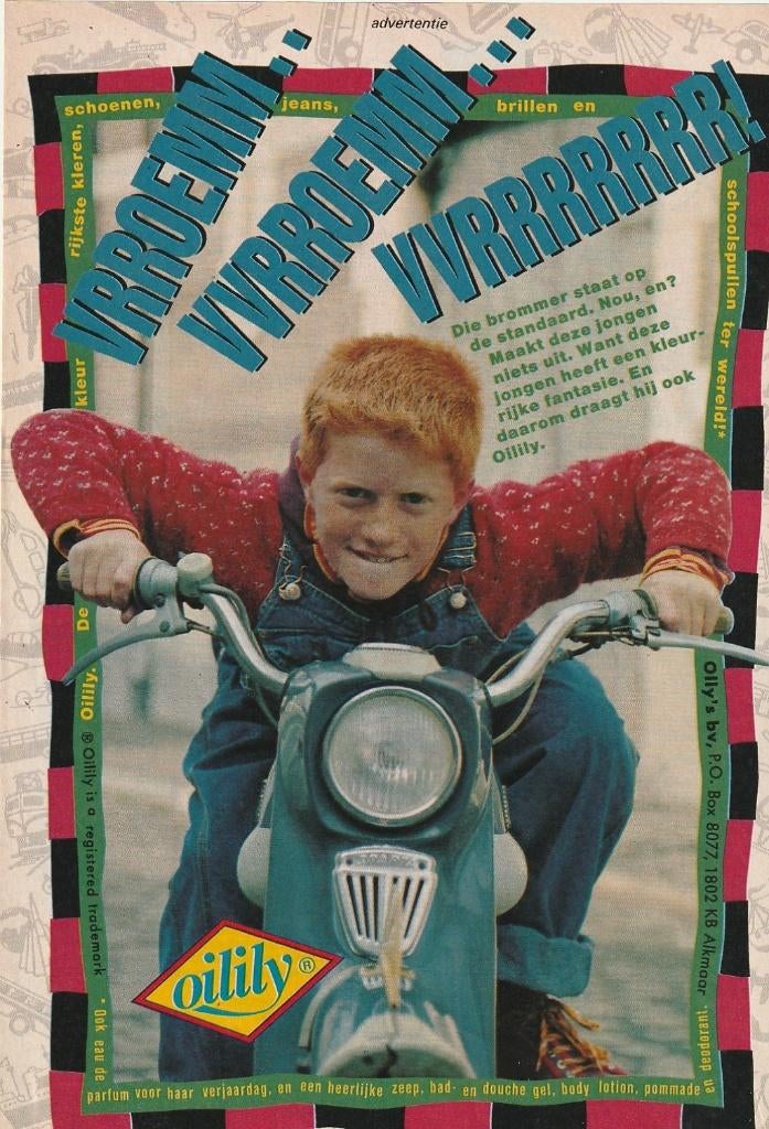 Reteclame 1991 Oilily roodharig jongetje op scooter, Verzamelen, Retro, Overige typen, Verzenden